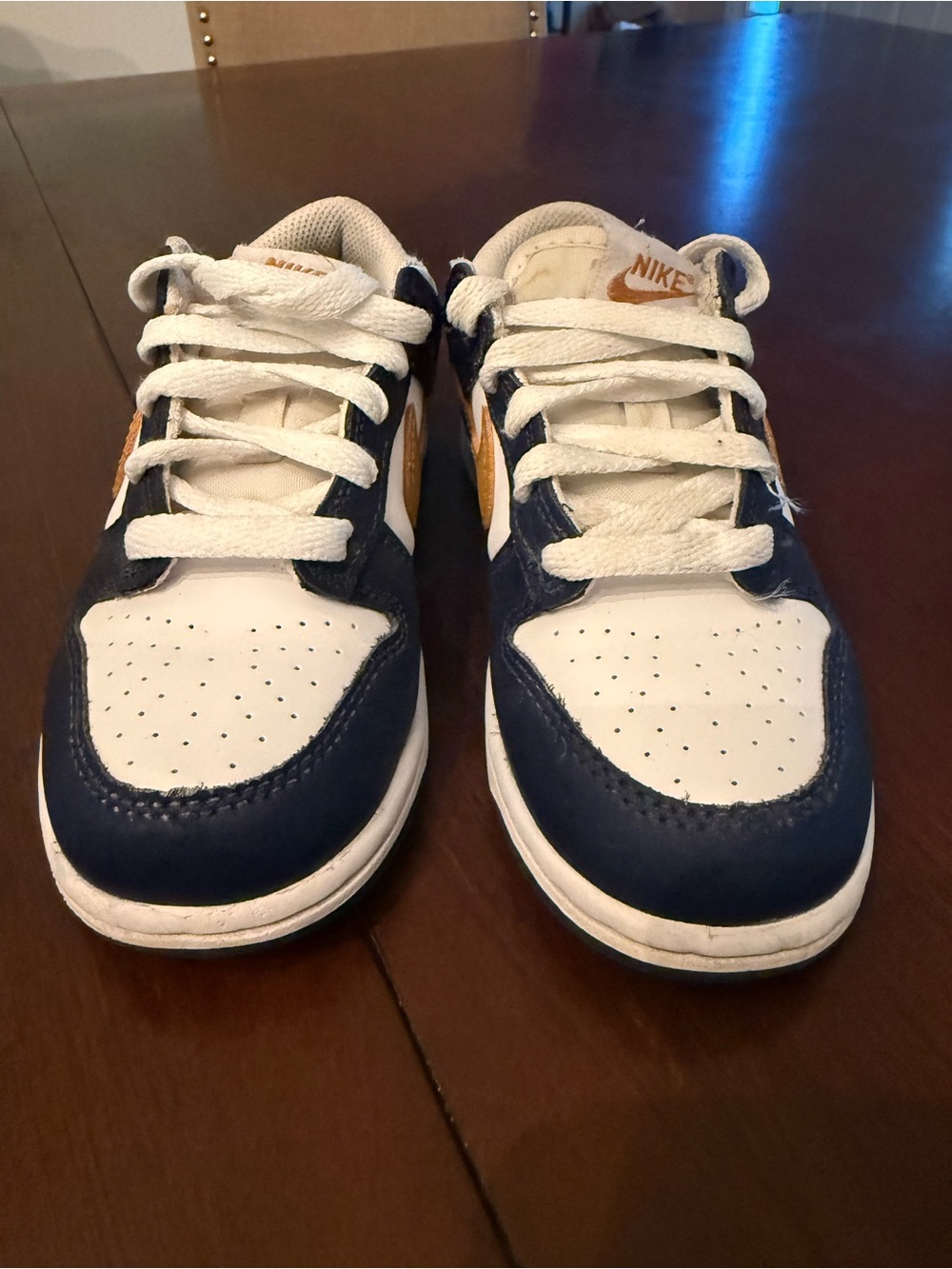 Nike Kids Dunk Low Sneakers in White, Navy & Gold - Picture 3 of 7